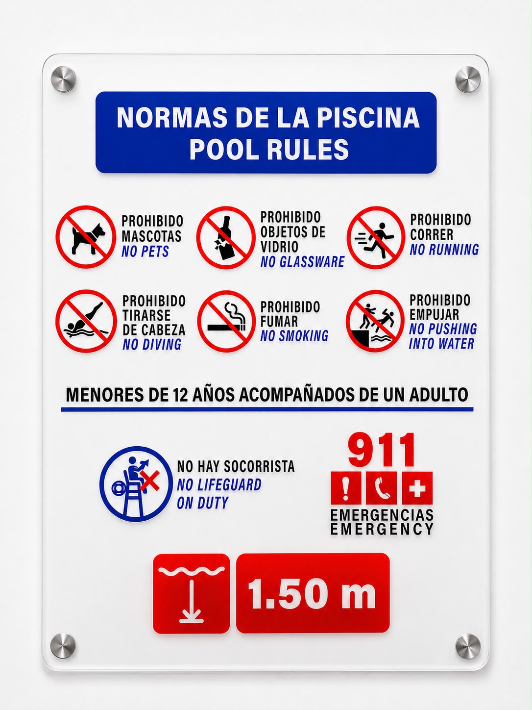 Letrero de normas de piscina en acrílico con vinil de corte en español e inglés, iconos de prohibiciones y profundidad 1.50 m