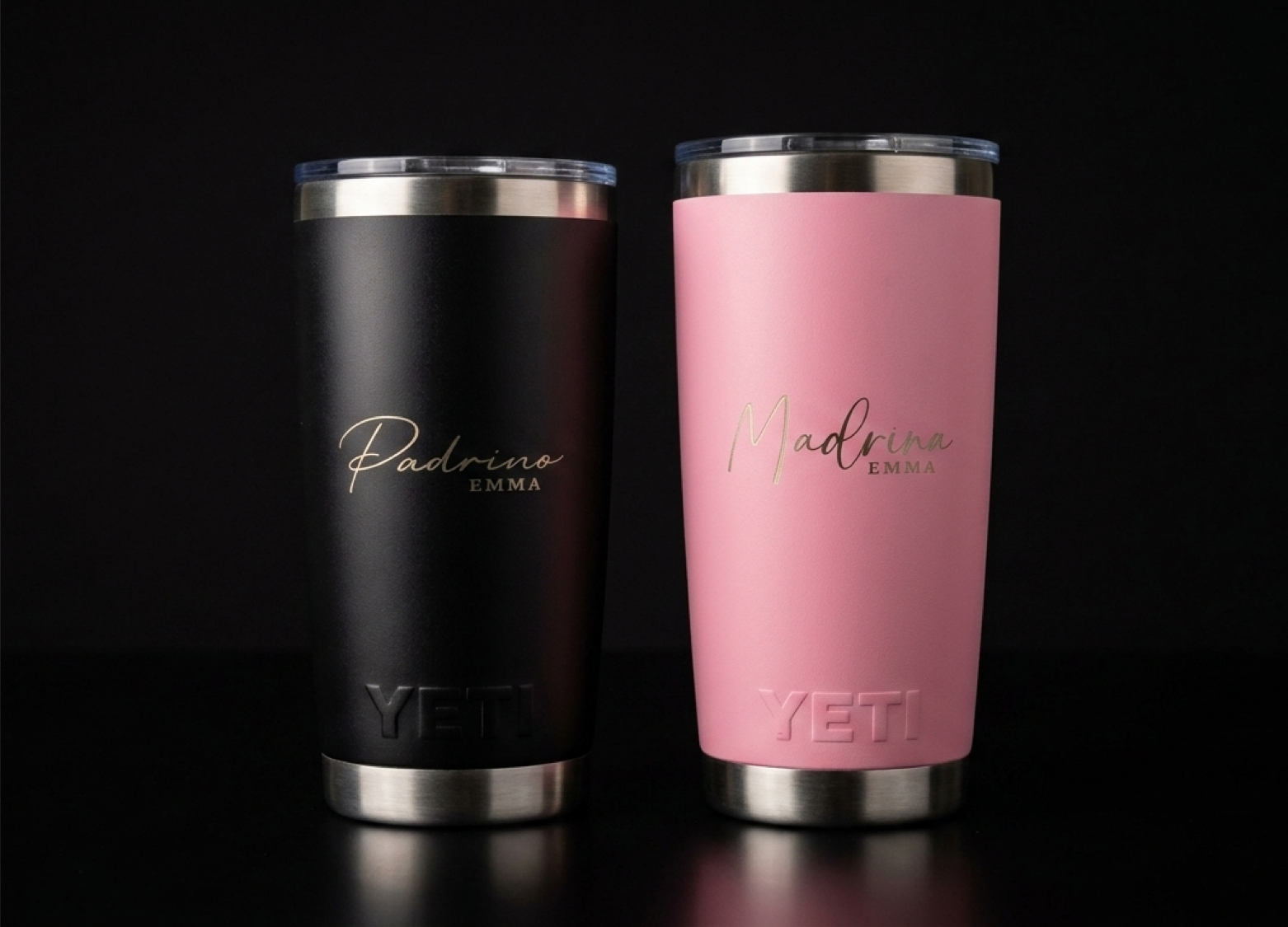 Par de termos Yeti negro y rosa con grabado láser Padrino y Madrina, nombre Emma