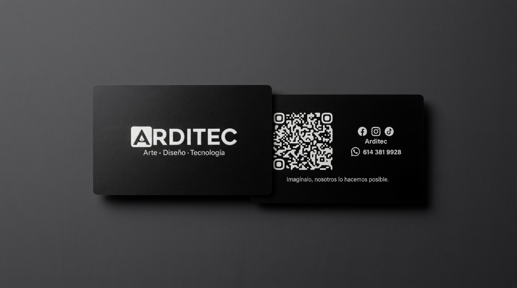 Tarjetas de presentación metálicas negras ARDITEC con logo, QR, redes sociales y teléfono
