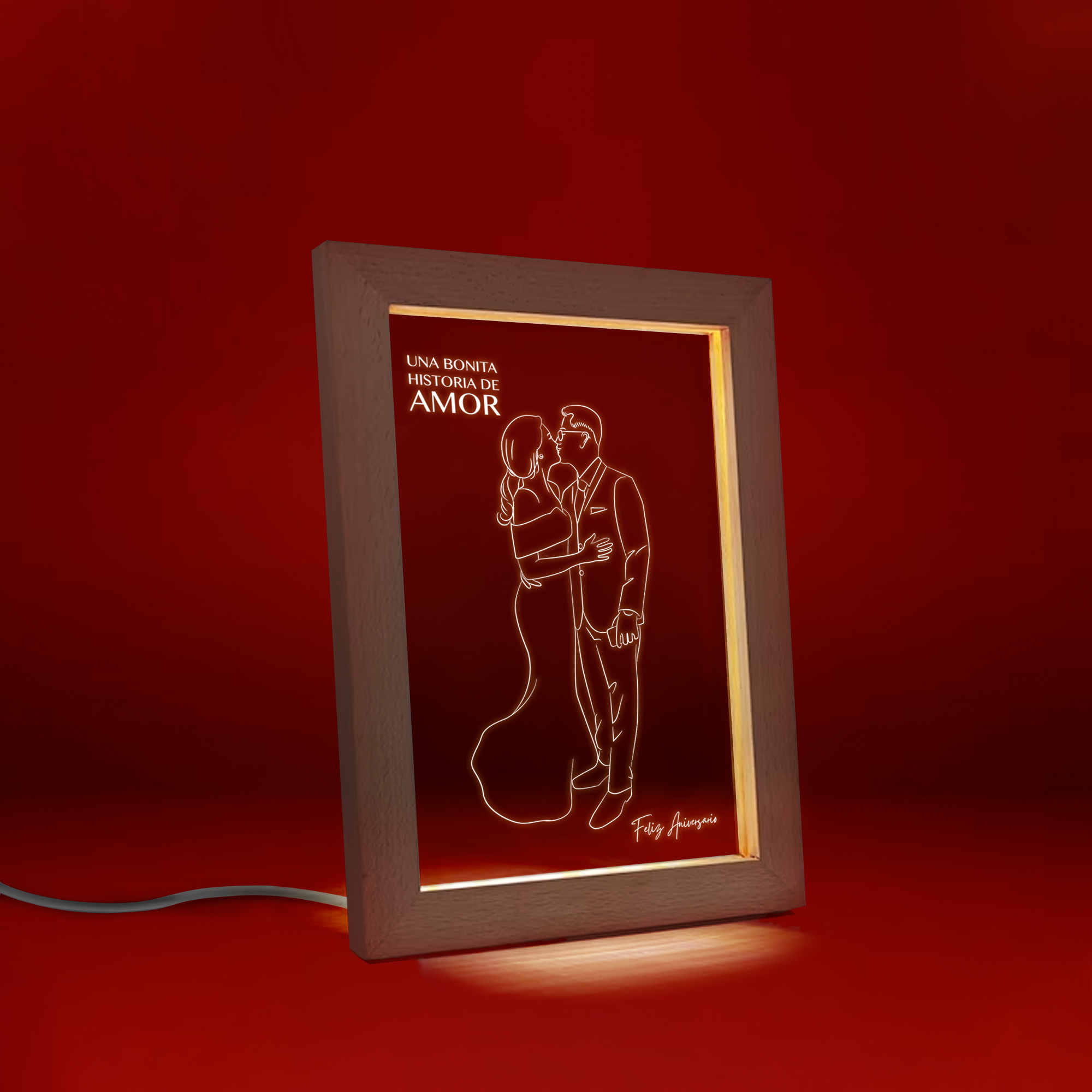 Marco de madera con acrílico iluminado grabado láser texto y dibujo tipo aniversario